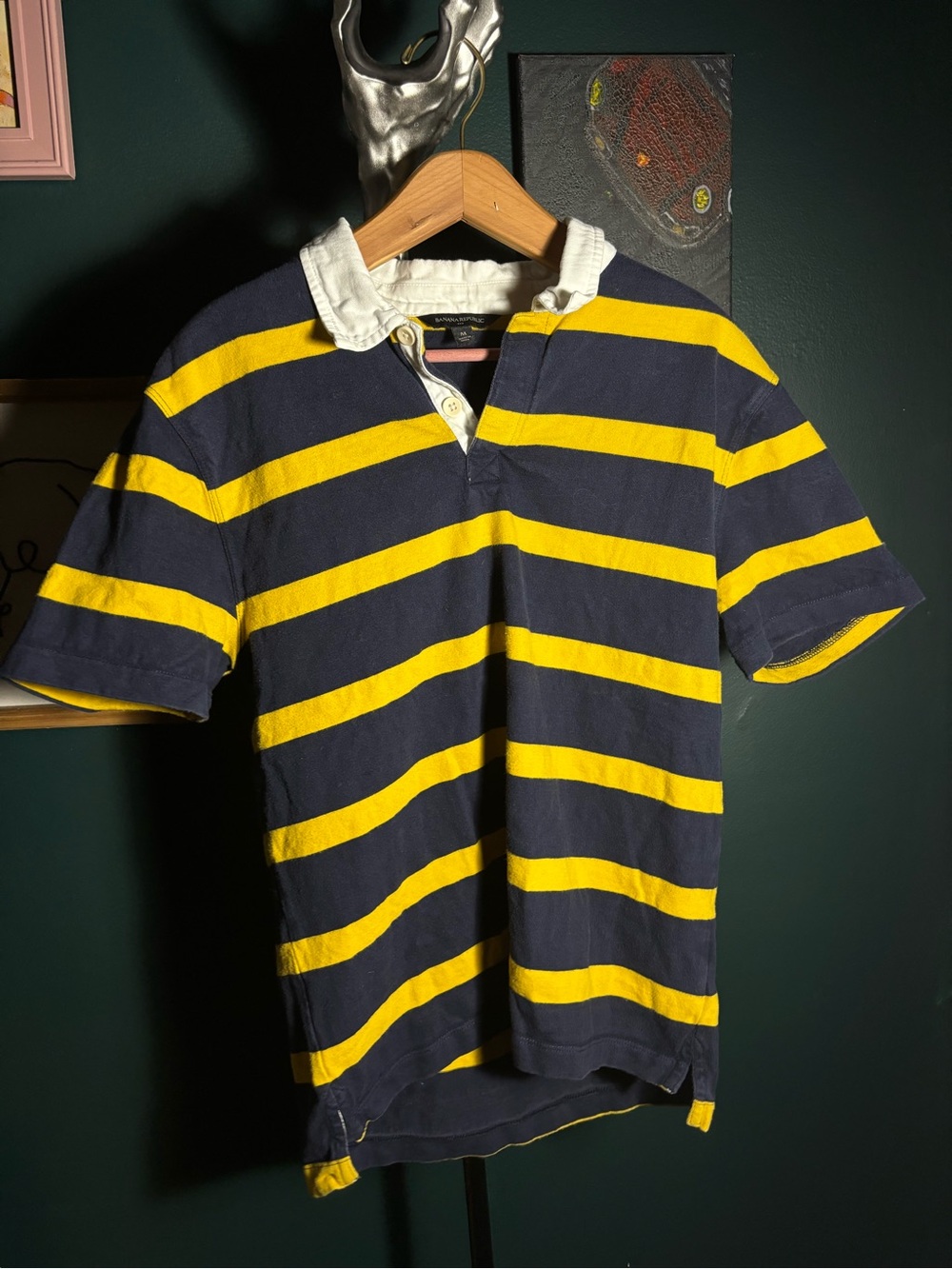 Banana Republic Navy and Yellow Striped Rugby Polo